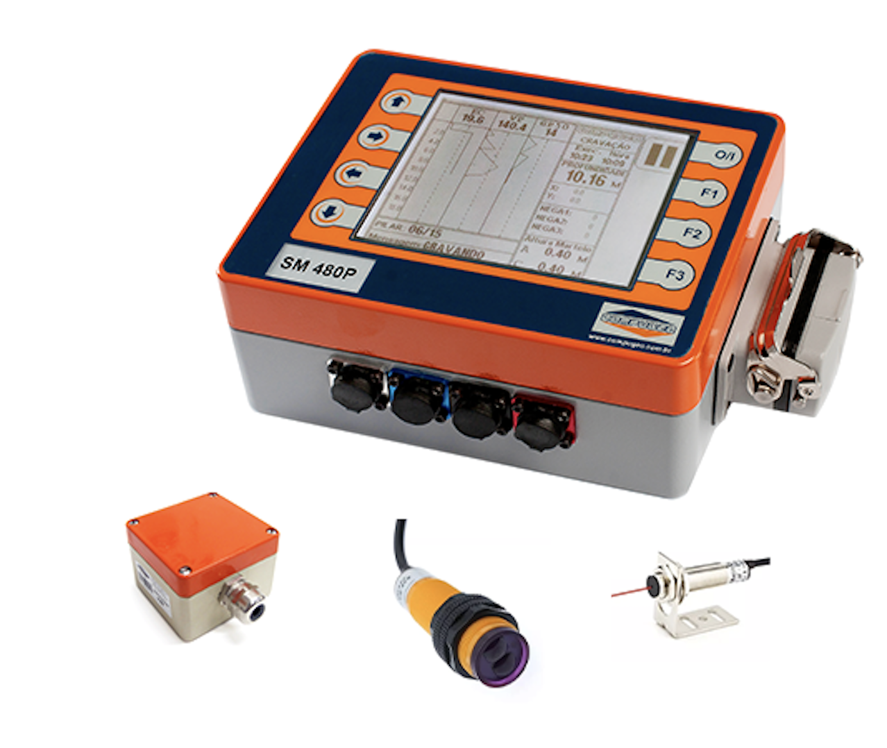 Kit de instalação do SM480P: computador, sensor de inclinação, sensor de profundidade a laser e sensor de golpes